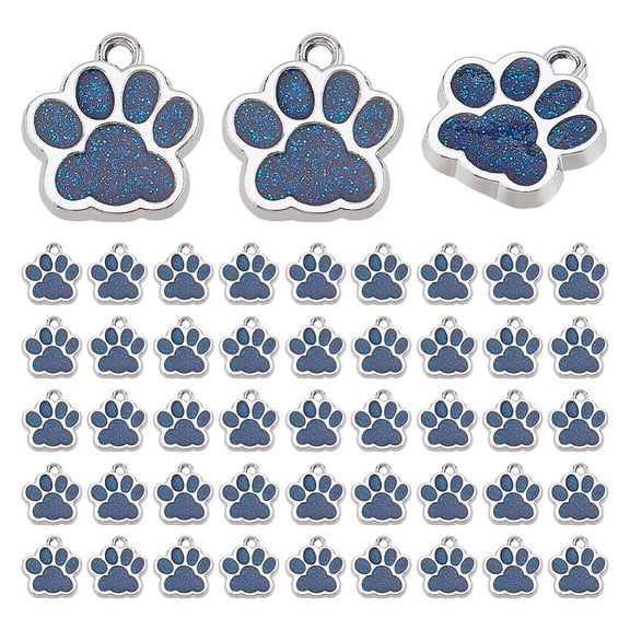 1 Set 50Pcs Alloy Enamel Charms with Glitter Powder Dog Paw Prints Platinum Royal Blue 17.7x16.6x2mm Hole: 2mmDIY
