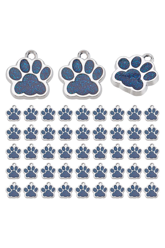 1 Set 50Pcs Alloy Enamel Charms with Glitter Powder Dog Paw Prints Platinum Royal Blue 17.7x16.6x2mm Hole: 2mmDIY