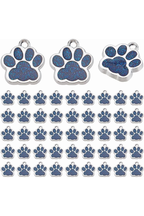 1 Set 50Pcs Alloy Enamel Charms with Glitter Powder Dog Paw Prints Platinum Royal Blue 17.7x16.6x2mm Hole: 2mm