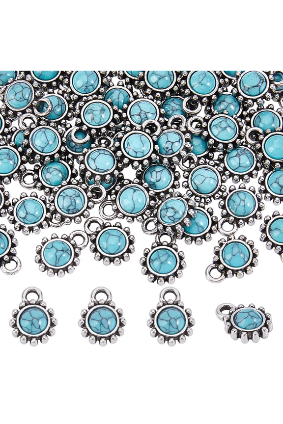 1 Set 50Pcs Dyed Turquoise Sun Charms with Alloy Settings Silver 10x7mm