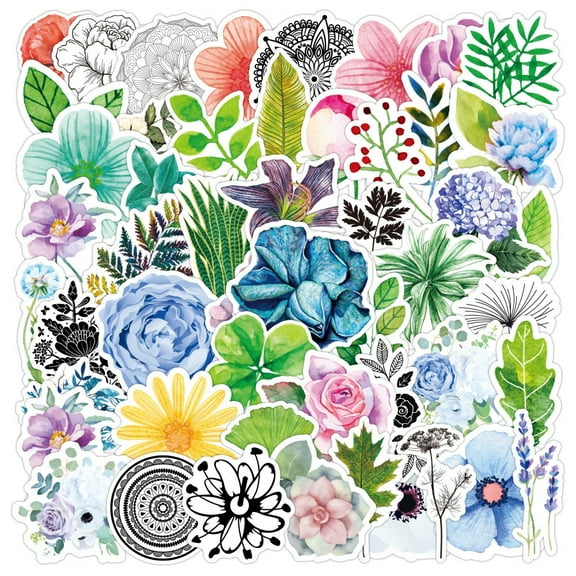 1 Set 50Pcs Waterproof PVC Plastic Stickers Cup Computer Mobile Phone Skateboard Guitar Stickers Mixed Styles Flower Pattern 50~80mm