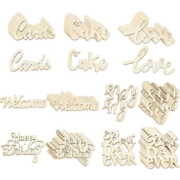 1 Set 56 Pcs Wooden Word Cutouts Mixed Shapes Undyed Natural Wood Cabochons Laser Cut Slices for Birthday Party DIY Decorations