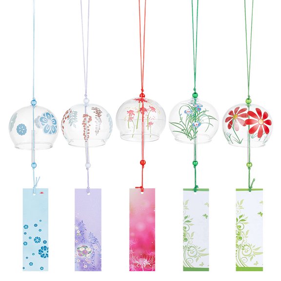 1 Set 5Pcs 5 Colocs Glass Round Flower Japanese Wind Chime for Outdoor Garden Hanging Ornaments Mixed Color 390~413mm 1pc/style