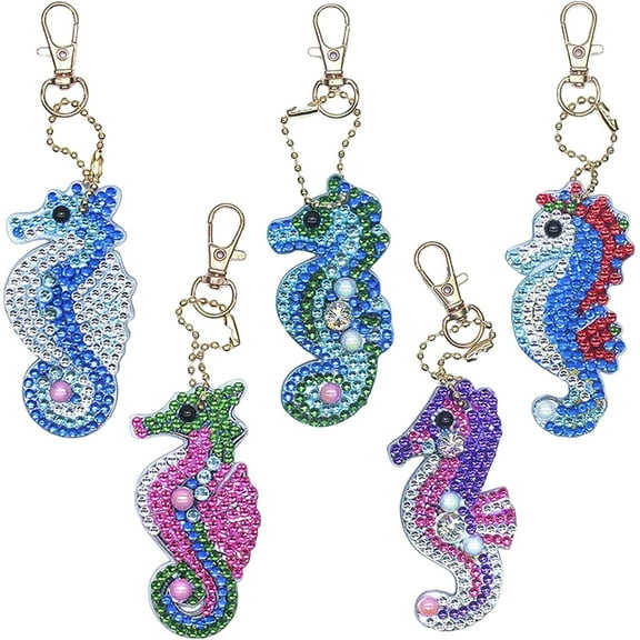 1 Set 5Pcs 5D Diamond Art Painting Keychain Kit Seahorse Diamond Art Painting Keychains DIY Handmade Full Diamond Decorative Accessories for Adult Craft Projects