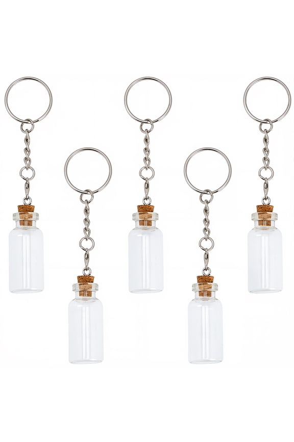 1 Set 5Pcs Glass Bottle Keychains with Alloy Rings Platinum 113mm