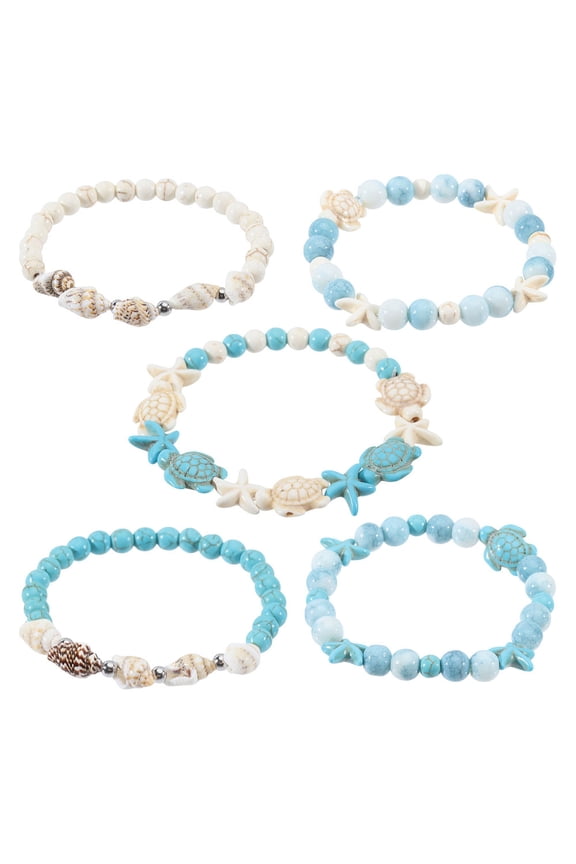 1 Set 5Pcs Ocean Theme Turquoise & Shell Beads Bracelet Sets Glass Beaded Stretch Mixed Color Inner Diameter: 1-7/8~2-1/4 inch(4.8~5.6cm)