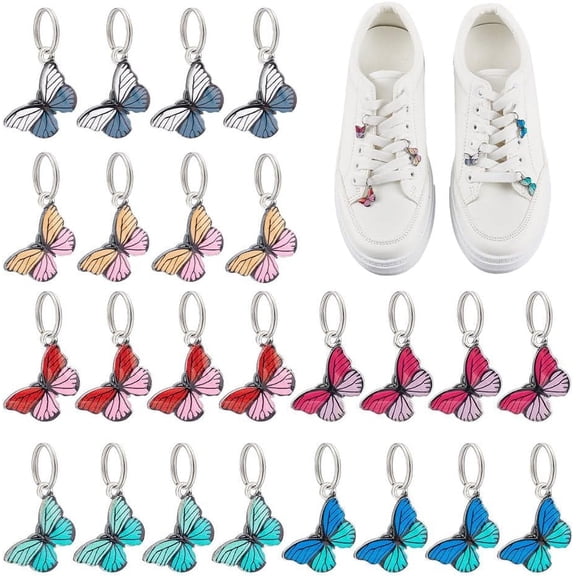 1 Set 6 Colors Enamel Boot Charms 24Pcs Butterfly Shoe Charms with 24Pcs Rings Alloy Shoelace Charms 26mm Shoe Decoration Pendant Shoes Decor