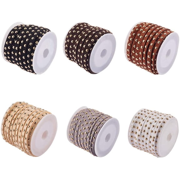 1 Set 6 Rolls Flat Faux Suede Leather Lace 5mm Micro-Fiber Leather String Cord Beading Thread with Golden Tone Alloy Rivet for Punk Rock Jewelry Making Crafting Necklaces Bracelet - Mixed Color