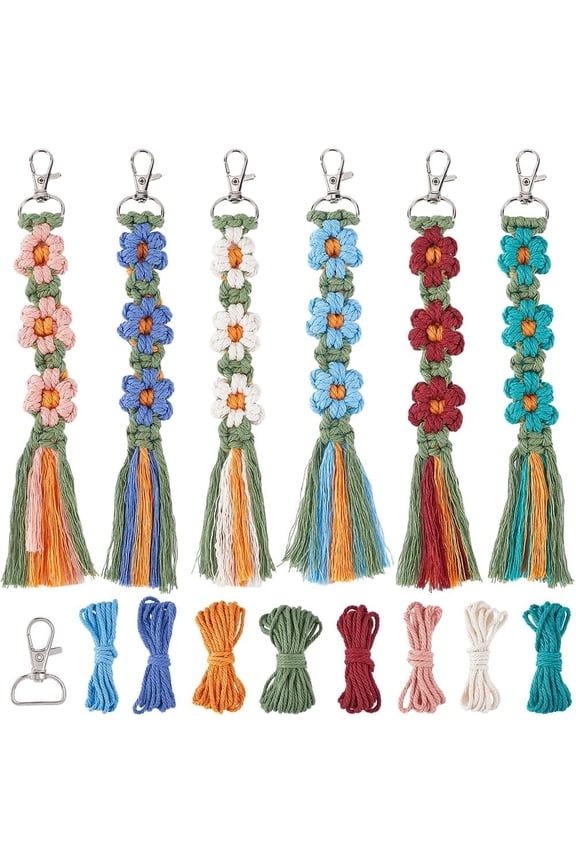 1 Set 6 Sets Keychain Making Kits Macrame Keychain Kit Daisy Flower Keychain with Instruction Boho Tassel Keychains Flowers Macrame Kits for Beginners Adults Handbags DIY Hanging Ornament Decor
