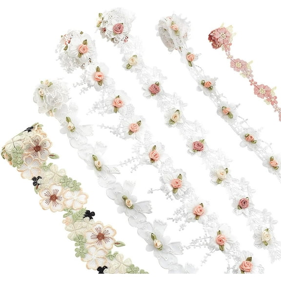 1 Set 6 Styles 6 Yards Floral Lace Trim Flower Embroidered Sewing Lace Trim Ribbon with Imitation Pearl Craft Lace Edge for Bridal Wedding Party Decor and Dresses Clothes Decor diy Colorful