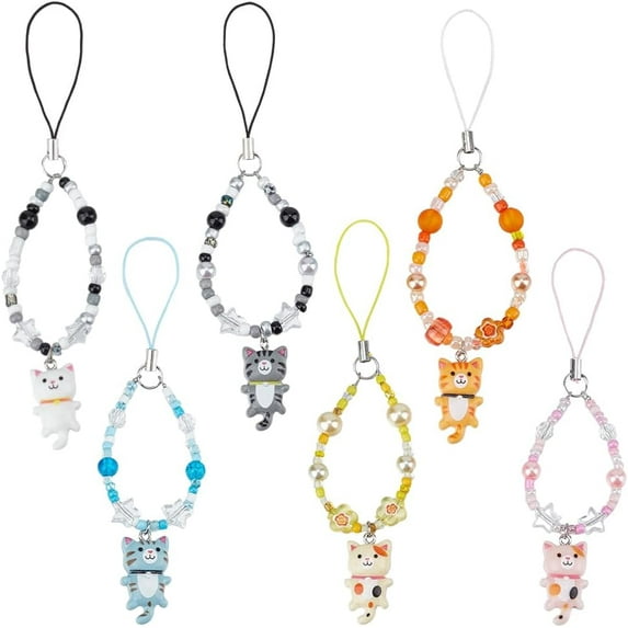1 Set 6 Styles Cell Phone Strap Charms Cat Pendant Charm Portable Keychain Strap Star Beads Phone Accessories for Car Key Purse Decoration Bags Keychain 5.7 inch Long