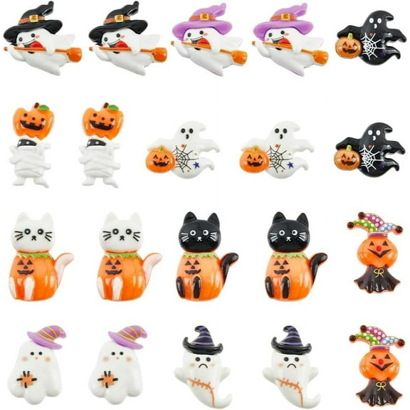 1 Set 60Pcs 10 Styles Halloween Opaque Resin Decoden Cabochons Skeleton/Ghost/Cat/Mummy/Skull/Pumpkin/Hat/Witch Mixed Color 21~32x15.5~28x7.5~9.5mm 6pcs/style