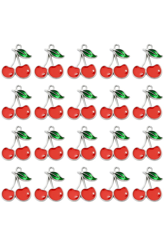 1 Set 60Pcs Alloy Enamel Pendants Cherry Charm Platinum 19.1x16.3mm