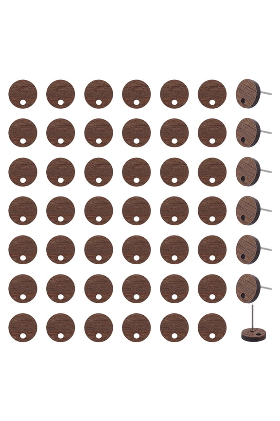 1 Set 60Pcs Walnut Wood Stud Earring Findings with 316 Stainless Steel Pin and Hole Flat Round Tan 10mm Hole: 1.6mm Pin: 0.8mm