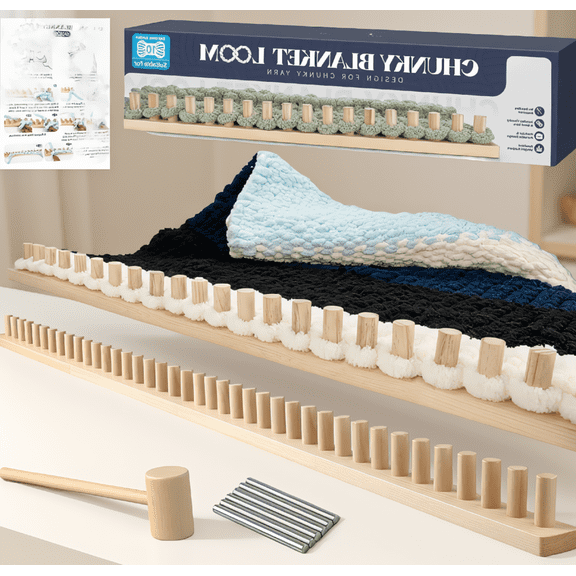 1 Set 63 Inch Adjustable Chunky Blanket Loom Kit, No-Needle Wood Knitting Loom with 4 Modules, 6 Pins and Storage Bag