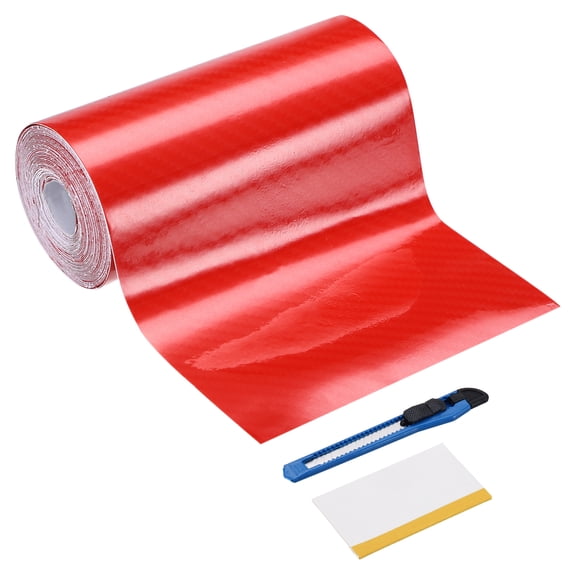 1 Set 6D Carbon Fiber Vinyl Wrap 3.94" x 16ft Self-Adhesive Car Sticker Waterproof Wrap Roll for DIY Decor Automotive Exterior Interior Protection with Scraper Tool, Red