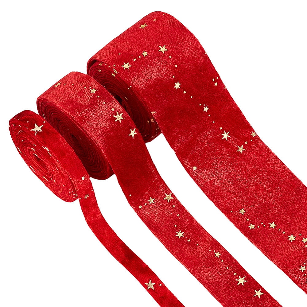 1 Set 6M 3 Styles Double Sided Star Gold Stamping Flannelette Ribbons for Sewing Craft Red 3/8~2 inch(10~50mm) 2m/style