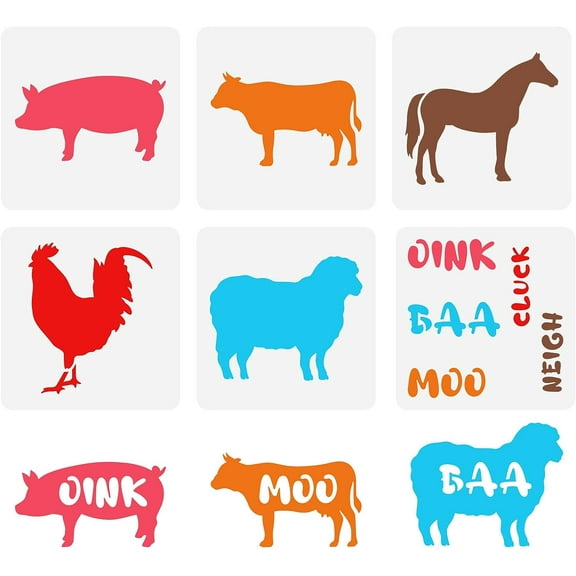 1 Set 6PCS Farm Animal Stencil 5.9x5.9 inch Hollow Out Pig Cow Horse Rooster Sheep Painting Stencil with Words Reusable Farmhouse Craft Stencil for DIY Scrapbook Wood Signs Furniture