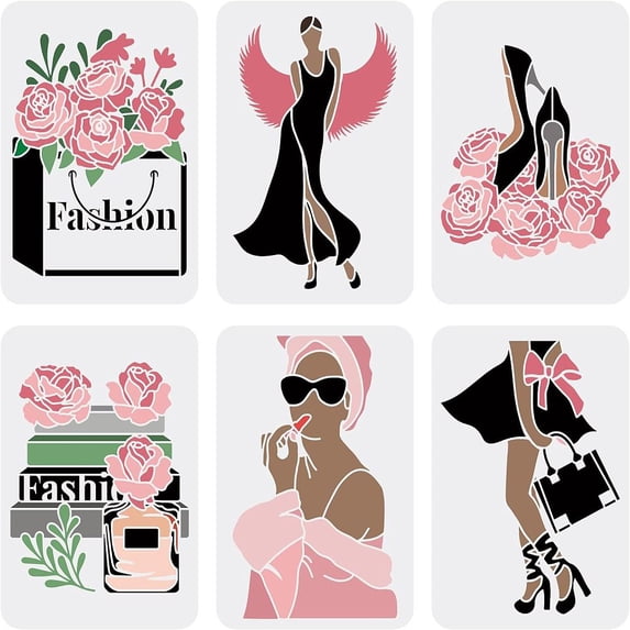 1 Set 6PCS Women Theme Stencils Floral Female Face Stencil 29.7x21cm Plastic High Heel Stencil Reusable Angel Wings Paint Stencil Rose Lady Templates for Modern Room Wall Decoration