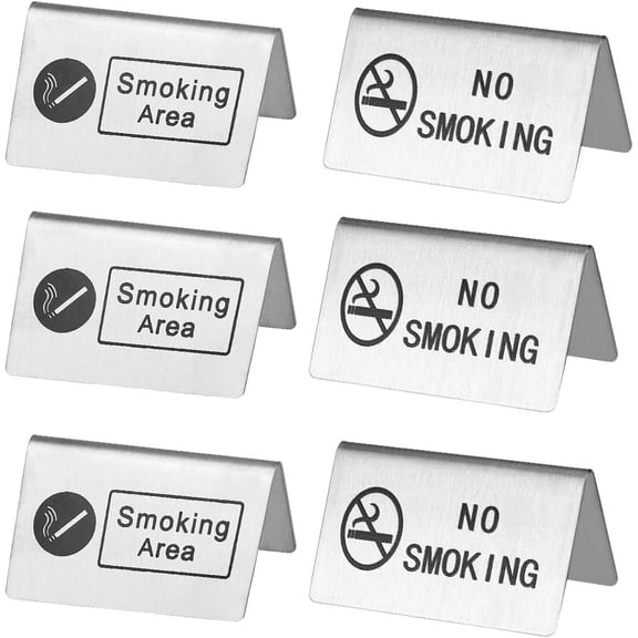 1 Set 6Pcs 2 Styles No Smoking Table Sign Smoking Area Table Sign Stainless Steel Metal Warning Non Smoking Desk Logo Display Signs for Hotel Hospitals Restaurant Office Clubs Room Business