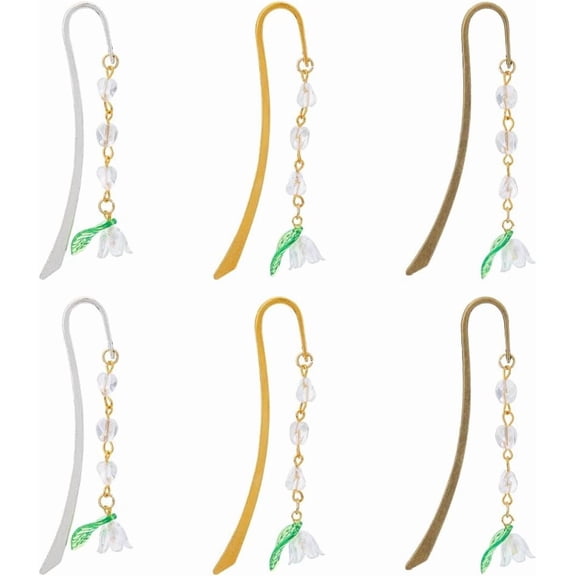 1 Set 6Pcs 3 Colors Alloy Hook Bookmarks Flower Glass & Acrylic Pendant Bookmarks Mixed Color 130mm 2pcs/color