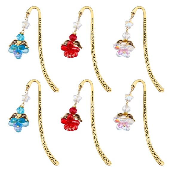 1 Set 6Pcs 3 Colors Alloy Hook Bookmarks Glass Angel Bookmarks Golden Mixed Color 83.5mm 2pcs/color