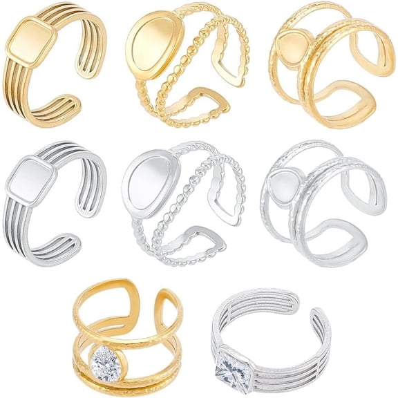 1 Set 6Pcs 3 Styles 2 Colors Open Cuff Bezel Trays Pad Ring Settings Stainless Steel Ring Blanks Cabochon Blank Dome Ring Cuff Finger Ring Components for Ring Jewelry Making Supplies