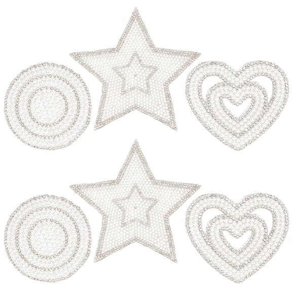 1 Set 6Pcs 3 Styles Heart Shape Iron on Patches Decorative Sew on Pearl Rhinestone Patch Love Hearts Round Star Glitter Crystal Appliques Embellishments for Clothes Decor Repair Sewing DIY Crafts
