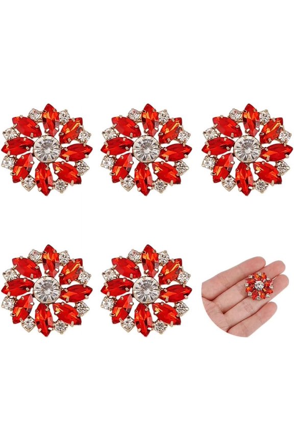 1 Set 6Pcs Alloy Rhinestone 1-Hole Shank Buttons Flower Light Siam 27.5x10mm Hole: 1.2mm
