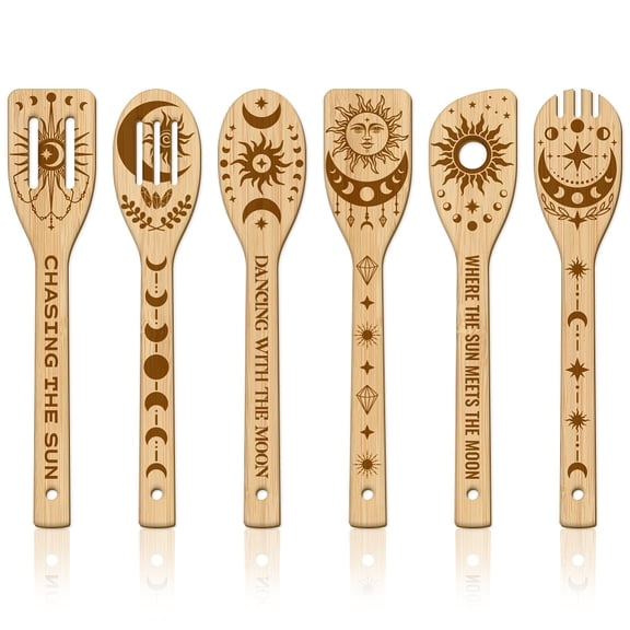 1 Set 6Pcs Bamboo Spoons & Knifes & Forks Flatware for Dessert Sun 60x300mm 6 style 1pc/style 6pcs/set