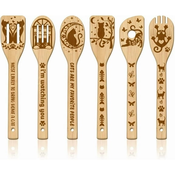 1 Set 6Pcs Cat Bamboo Cooking Utensils Wooden Engraved Cooking Spoons Set Carving Kitchen Bamboo Spatula Set Wood Cooking Spoon for Kitchen House Warming Gift