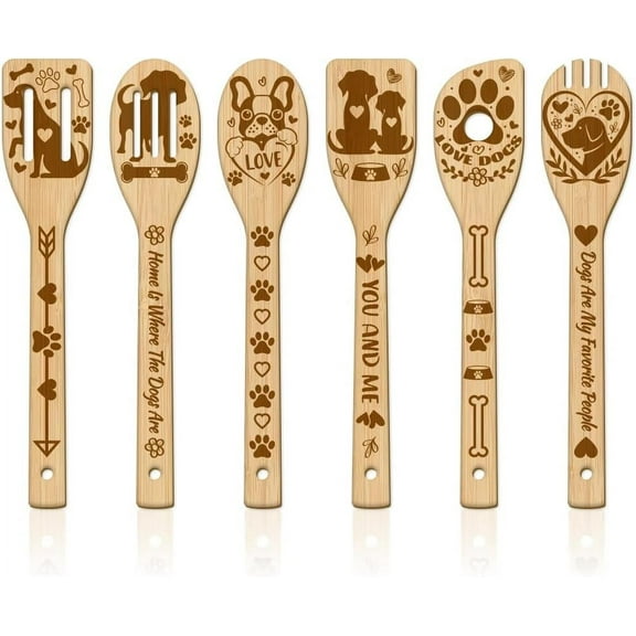 1 Set 6Pcs Dog Bamboo Cooking Utensils Wooden Pet Engraved Cooking Spoons Set Carving Kitchen Bamboo Spatula Set Wood Cooking Spoon for Kitchen Fun House Warming Gift