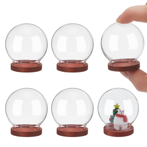 1 Set 6Pcs Glass Dome Cover Decorative Display Case Cloche Bell Jar Terrarium with Wooden Base FireBrick 40mm