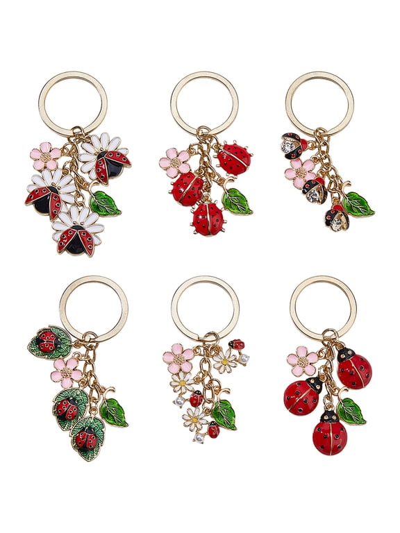 1 Set 6Pcs Ladybug Alloy Enamel Keychains with Iron Rings Mixed Color 69~77mm