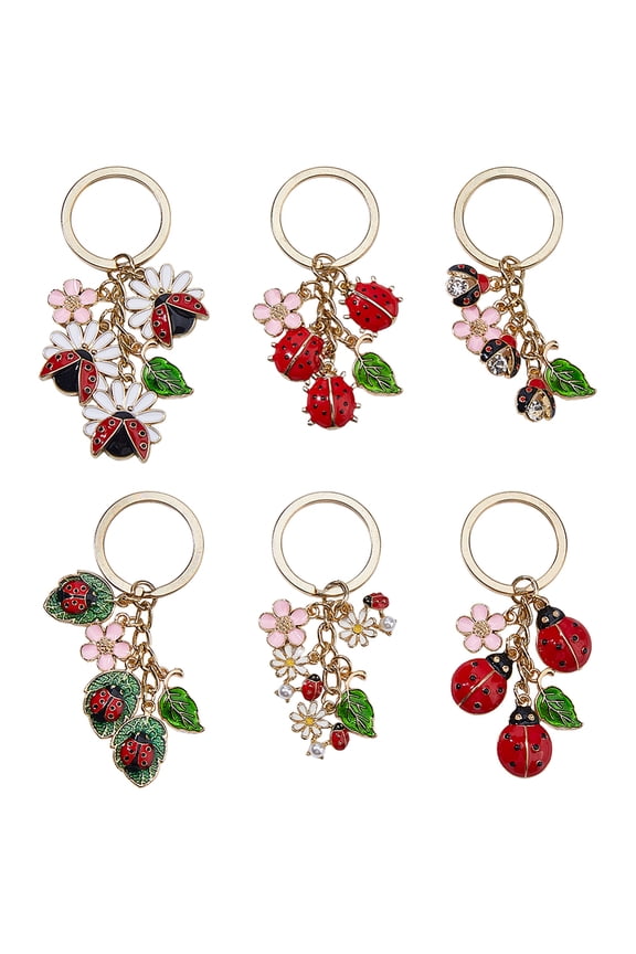 1 Set 6Pcs Ladybug Alloy Enamel Keychains with Iron Rings Mixed Color 69~77mm
