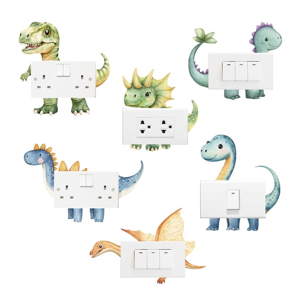 1 Set 6Pcs Plant PVC Plastic Waterproof Self-adhesive Stickers Set Light Switch Decals for Wall Decoration Dinosaur 180x180mmDIY