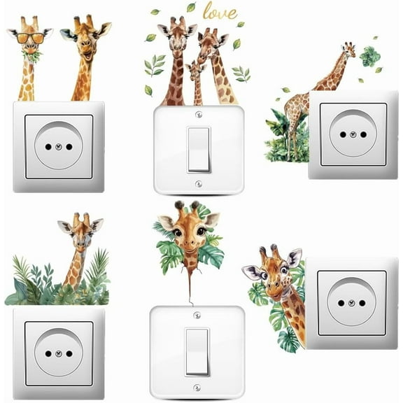 1 Set 6Pcs Plant PVC Plastic Waterproof Self-adhesive Stickers Set Light Switch Decals for Wall Decoration Giraffe 180x180mm