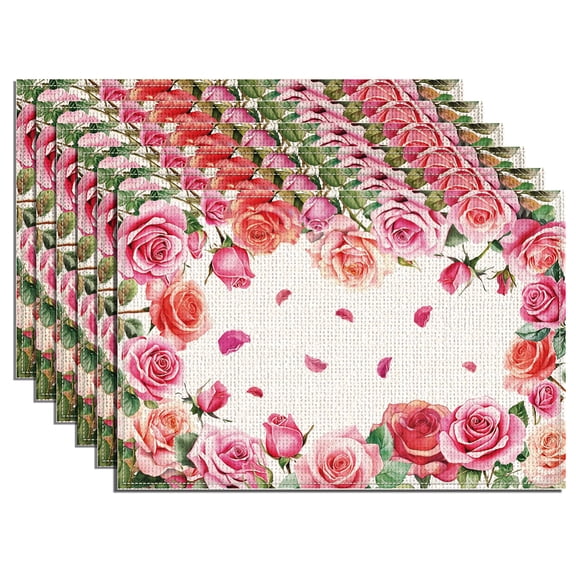 1 Set 6Pcs Rose Floral Placemats 11.8x17.7 Inch Blooming Pink Red Rose Table Mats Romantic Rose Flower Diner Linen Place Mats Washable Table Mats for Wedding Party Holiday Home Kitchen Table Decor