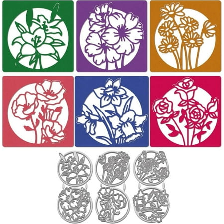 1 Set 6Pcs Spring Assorted Flower Cutting Dies Floral Circle Frame Background Metal Cutting Dies Stencils Roses Daisies Daffodils Embossing Stencil Cutting Set for DIY Spring Theme Card Scrapbooking