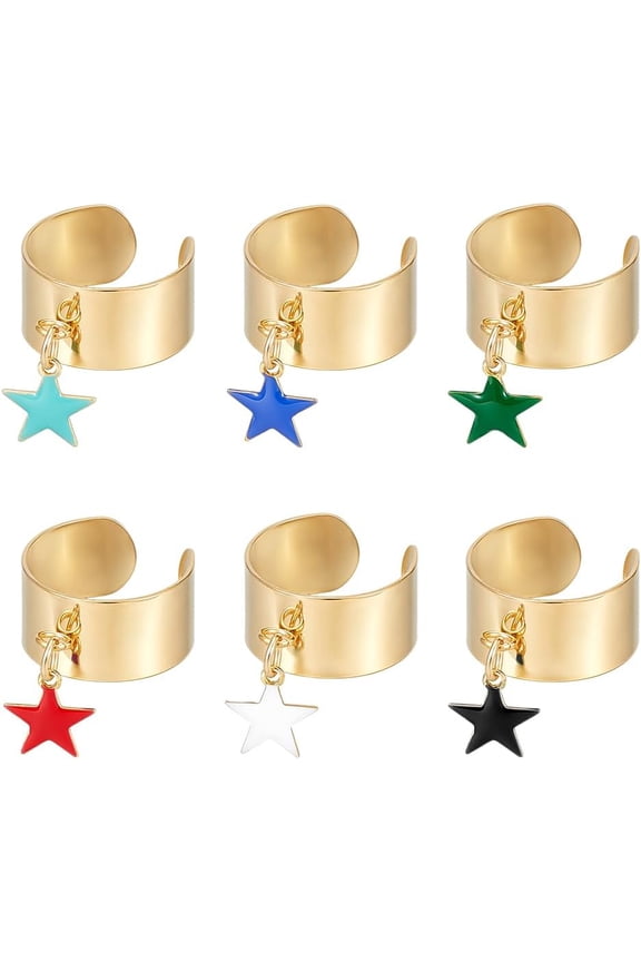 1 Set 6Pcs Stainless Steel Charm Ring Women's Ring Adjustable Rings Ring with Enamel Star Pendants Golden Open Rings for Christmas New Year Gifts Fashion Ring for Anniversary