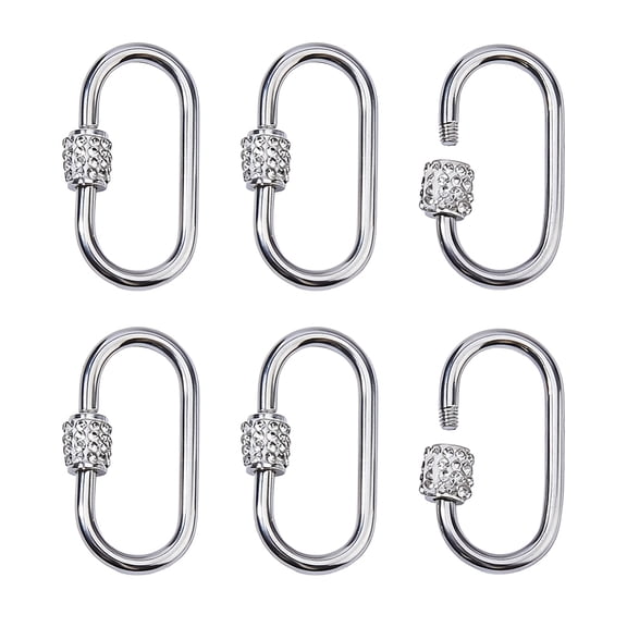 1 Set 6Pcs Stainless Steel Locking Carabiner with Rhinestone Oval Platinum 25.5x14.5mm