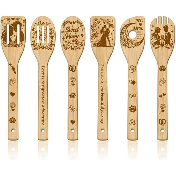 1 Set 6Pcs Wedding Bamboo Cooking Utensils Wooden Engraved Cooking Spoons Set Carving Kitchen Bamboo Spatula Set Wood Cooking Spoon for Kitchen House Warming Gift