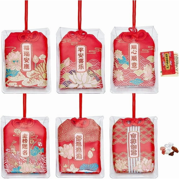 1 Set 6pcs Japanese Omamori Amulets Good Luck Hanging Ornament Red Blessing Lucky Charm with Lucky Stone and Sutra Books Gift for Health Wealth Success Good Fortune Happiness