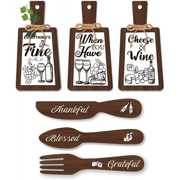1 Set 6pcs Kitchen Wooden Sign Wine Cheese Wood Cutting Board Wall Decor Eat Sign Dining Sign Farmhouse Tiered Tray Rustic Hanging Fork Spoon for Home Kitchen Dining Living Room Bar Cafe Decor