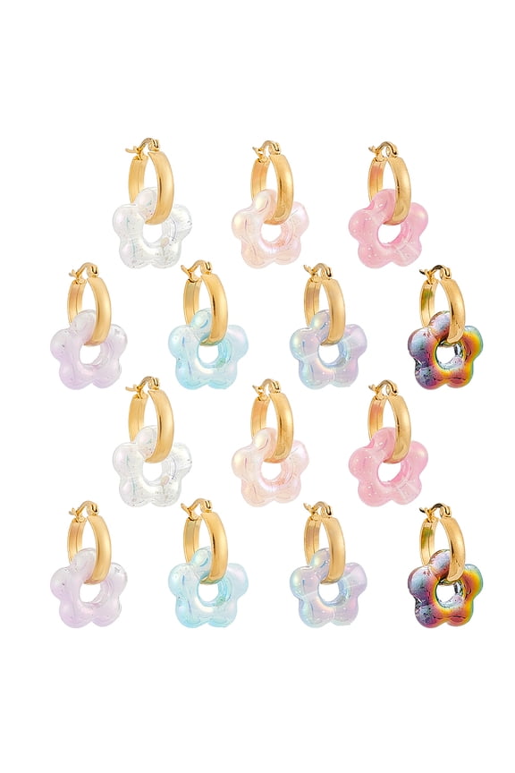 1 Set 7 Pairs 304 Stainless Steel Flower Hoop Earrings with Acrylic Golden Mixed Color 33mm