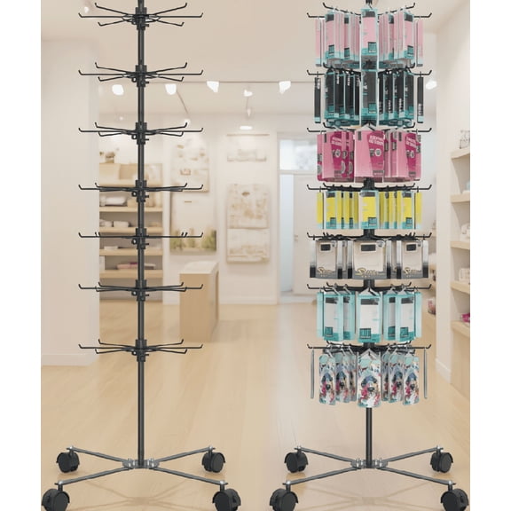 1-Set 7-Tier Rotating Display Stand, Alloy Steel Frame, 56 Hooks, Lockable Caster Wheels, and Keychain Retail Rack