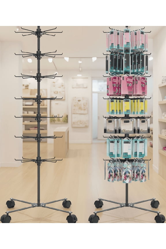 1-Set 7-Tier Rotating Display Stand, Alloy Steel Frame, 56 Hooks, Lockable Caster Wheels, and Keychain Retail Rack