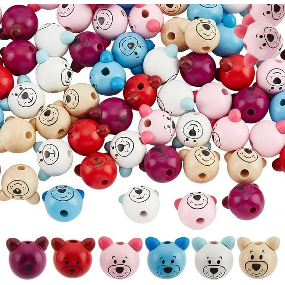 1 Set 72Pcs 6 Colors Bear Head Wood Beads 27mm Cute Animal Wood Beads Print Pattern Natural Wooden Spacer Loose Beads for DIY Necklace Bracelet Arts Projects Hole: 5mm