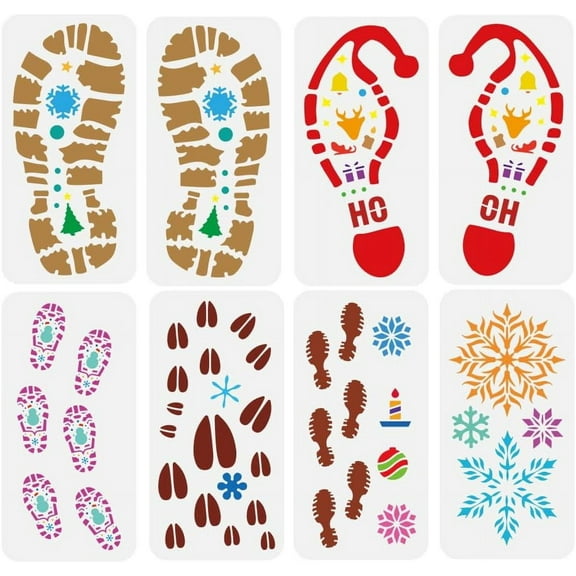1 Set 8 PCS Christmas Footprints Stencil for Painting 5.9x11.8inch Elf Deer Footprints Templates Bells Sleigh Candles Gifts Stencils Christmas Balls Templates Christmas Theme Stencils for DIY