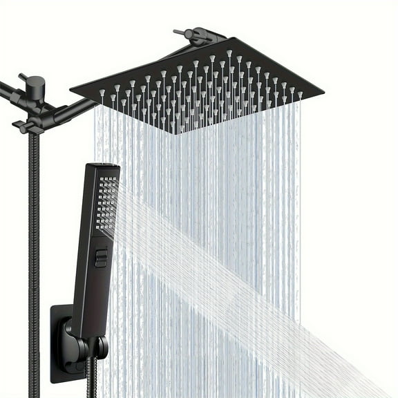 1-Set 8" Rain Square High-Pressure Shower Head | 2-in-1 Handheld Spray Combo | 9" Extension Arm, 78" Hose & Shower Holder | Bathroom Accessories Set | for Bathroom Renovation & Modern Design
